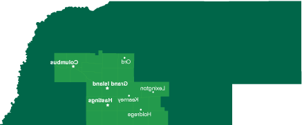 Map of Nebraska with CCC service area outlined and locations marked: Ord, Columbus, Lexington, Grand Island, Kearney, Hastings, Holdrege